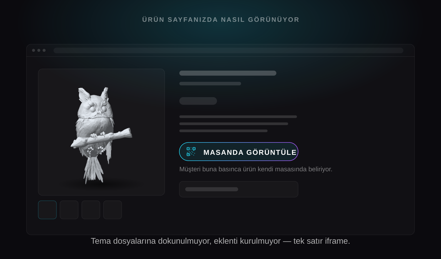 Bir e-ticaret ürün sayfasının şeması: sol tarafta ürün görseli, sağ tarafta ürün bilgilerinin altında Masanda görüntüle düğmesi